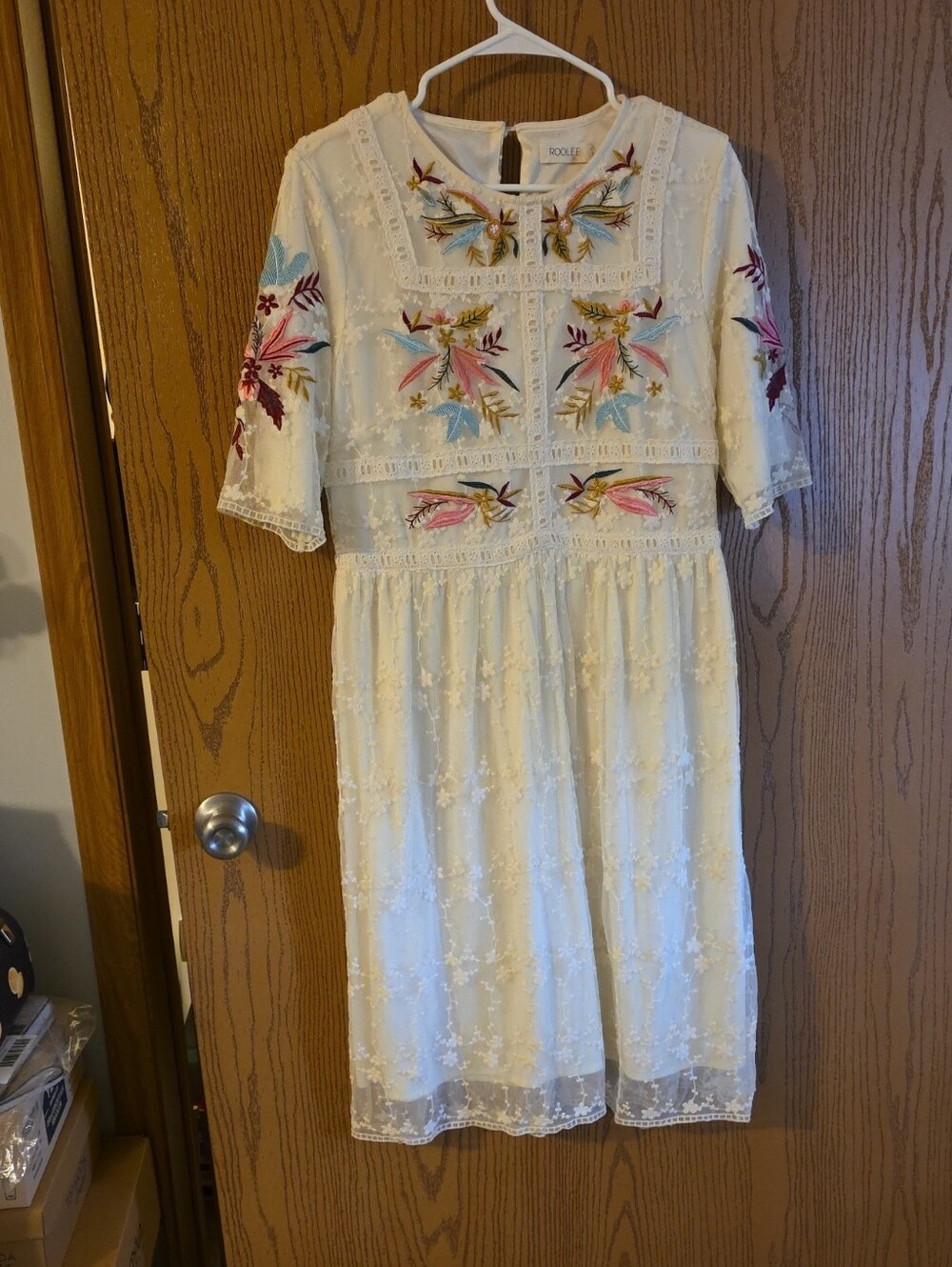 Roolee Cream Midi Dress with Multicolor Floral Embroidery